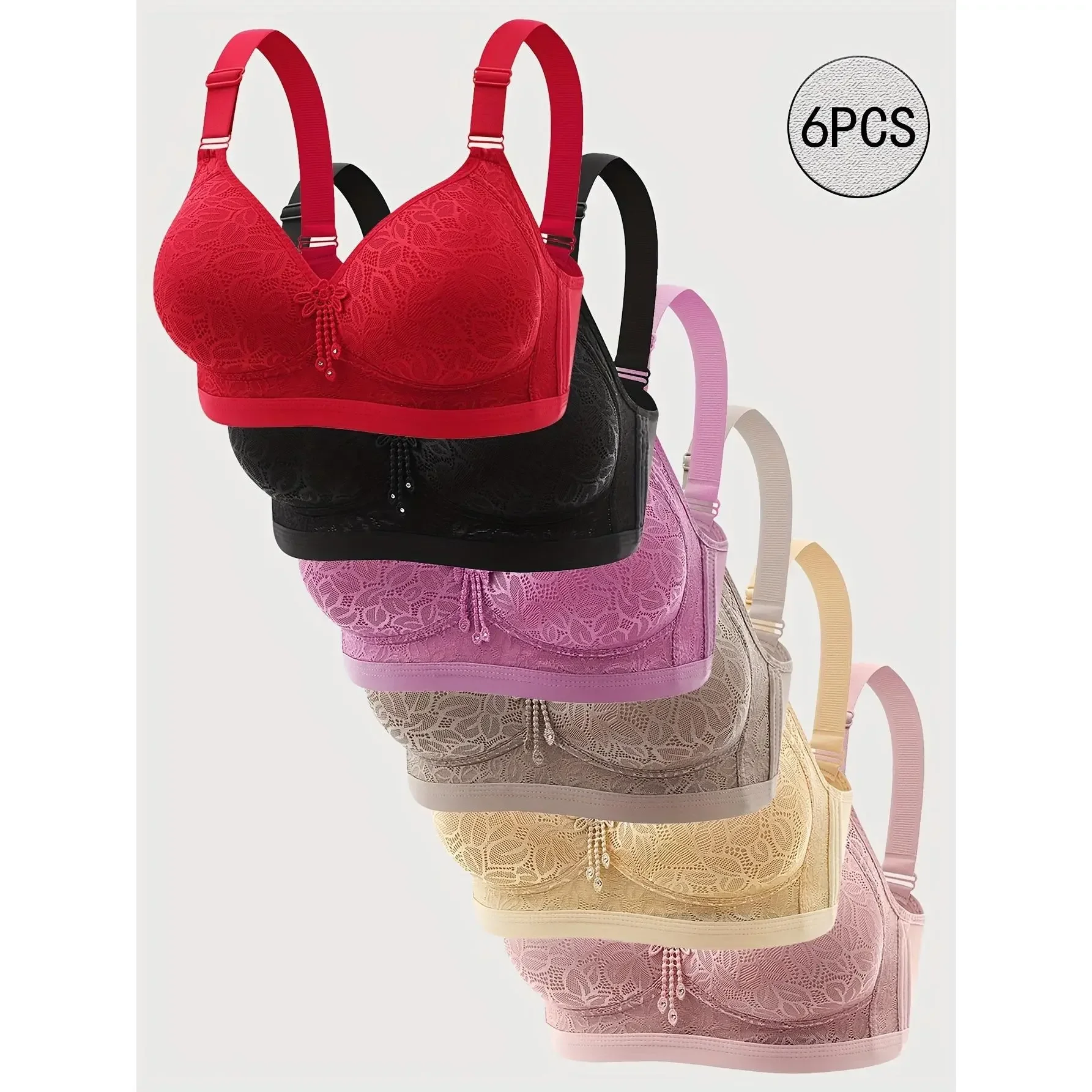 T Shirt Bra Seamless - EssElegance ワイヤーレスシームレスプッシュアップブラ（6枚セット）- 調節可能なストラップ、レーストリムと花柄装飾、95%ナイロン/5%エラスタン混紡、6色（レッド/ピンク/ラベンダー/ブラック/ベージュ/グレー）- 普段使いに最適なTシャツブラ