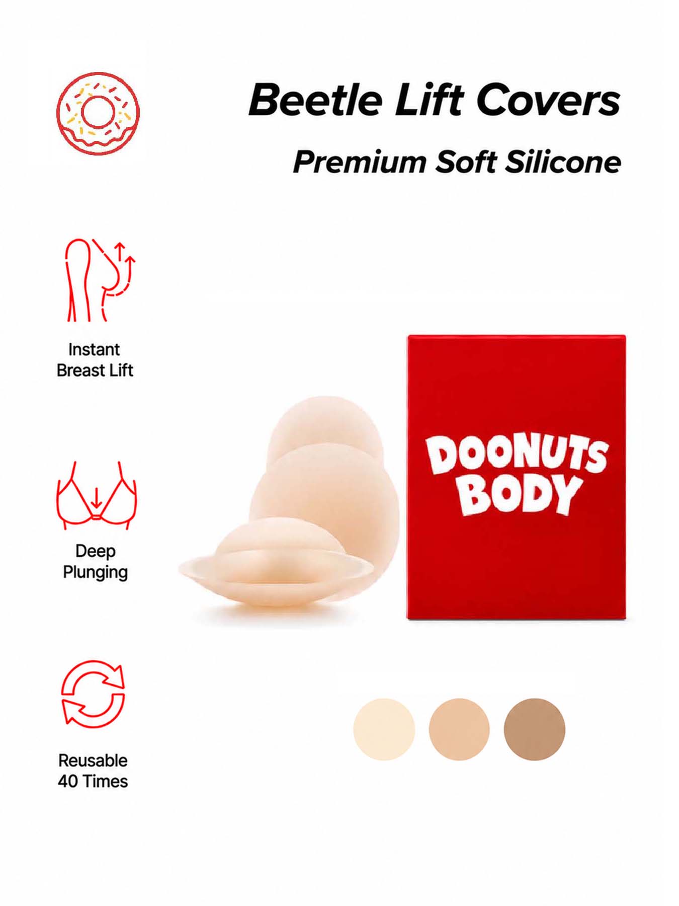 Push Up Bra Silicone - DOONUTS シリコン製、再利用可能、防水、通気性のある、ストラップなし、粘着式のバストアップパッド（カップサイズ：AA～E）
