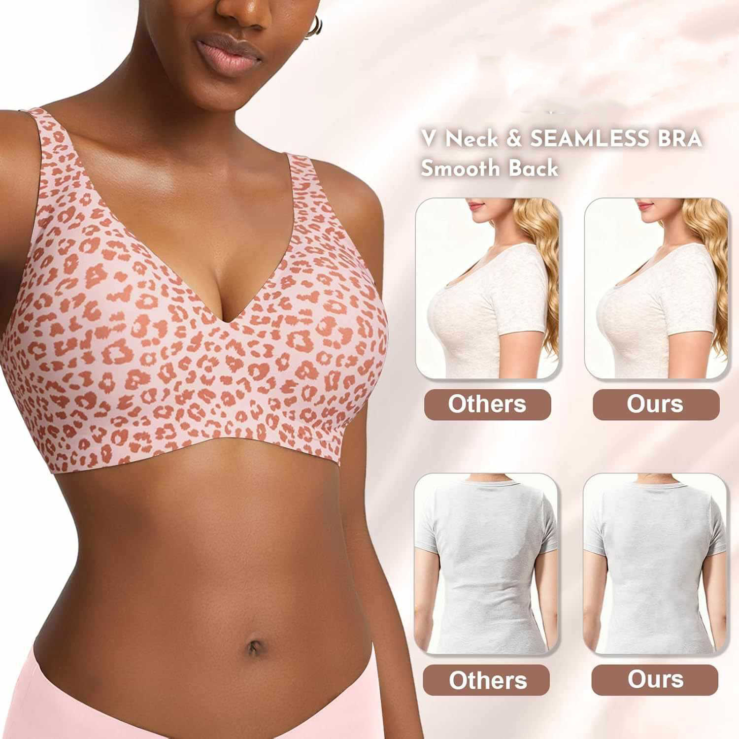 レディースシームレスピンクレオパードプリントブラ、ワイヤーレ - Minimizer Bra Women のレビューと価格