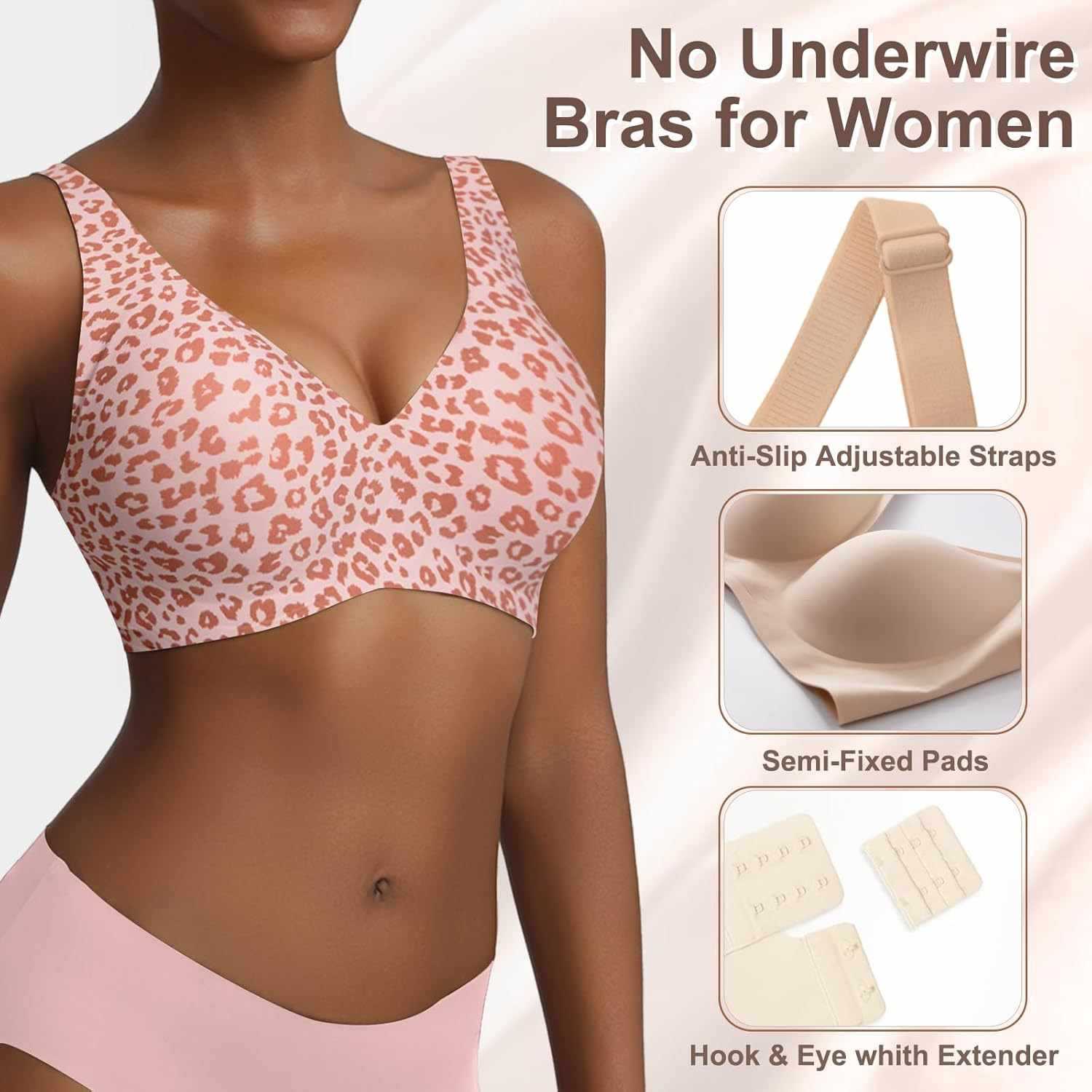 レディースシームレスピンクレオパードプリントブラ、ワイヤーレ - Minimizer Bra Women のレビューと価格