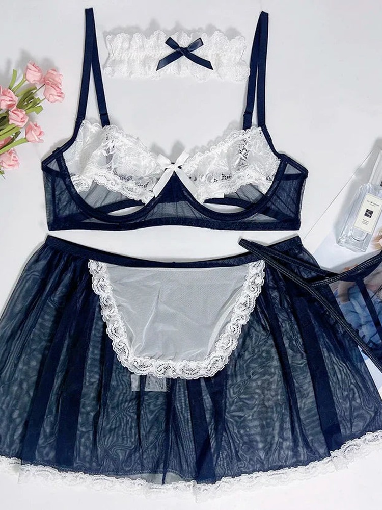 女性用、黒と白のフレンチメイド風コスチューム、レースのブラ、 - Sheer Bra Lace のレビューと価格